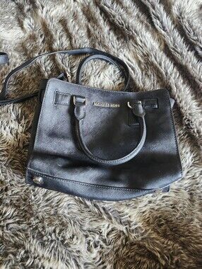 Michael Kors Black Leather Satchel with Gold Logo Crossbody Purdr
